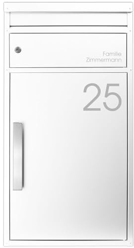 SafePost Paketbriefkasten Weiss personaliert groß Standbriefkasten 65M Paketbox mit Briefkasten massiv Paketkasten XXL wetterfest rostfrei freistehend Paketstation Paketfach geräumig RAL 9010