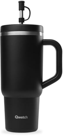 QWETCH - Travel Cup 900ml avec Paille & Anse - 48h Glacé / 12h Froid - Gourde Isotherme Inox Recyclé - Mug avec Bouchon à Vis Anti-Éclaboussures - Tasse Thermo - Noir