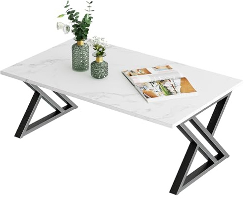 Garden 4 you X Couchtisch, Couchtische, Wohnzimmertisch, Sofatisch aus Holz, Kaffeetisch, Beistelltisch für Wohnzimmer, Einfache Aufbau, X Streben,Marmor Weiß und Schwarz Metallgestell,weiße