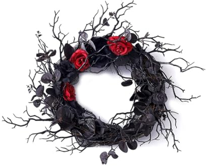 Remingtape svart Halloween-dörrkrans med röd radband för ytterdörren, svart krans för gotisk halloween heminredning, hållbar, enkel installation