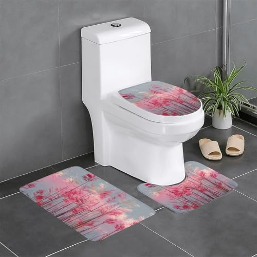 Set di 3 tappeti da bagno WHJSSF 61 x 40,6 cm, stampa con canne rosa, antiscivolo, per WC, toeletta e copertura, facili da pulire