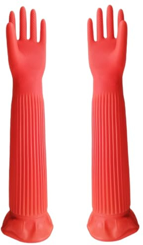 Porgeel Washing Up Gloves 1 Pair 22 Long Dishwashing Gloves Non-Slip Rubber Dish Waterproof Scratch-Resistant Red Cleaning for Kitchen, Laundry