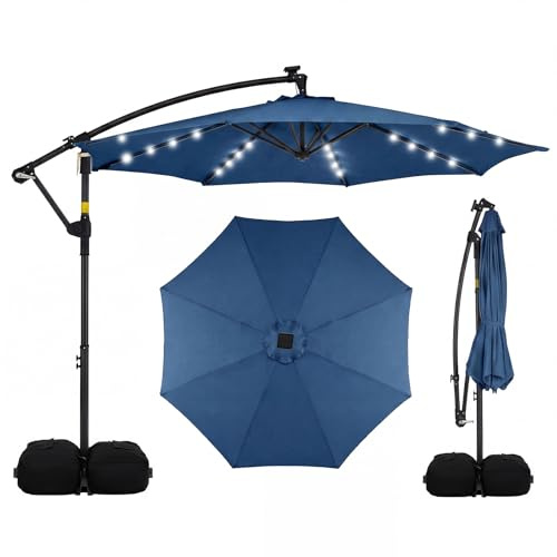 COSTWAY Ombrellone da Giardino 300 cm, 32 Luci LED Solari, Anti-UV, Manovella, 2 Sacchi di Sabbia, 8 Stecche per Esterno Piscina Patio (Blu)