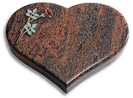 Grabplatte, Grabstein, Grabherz, Urnengrabstein Modell Coeur 40 x 30 x 7 cm Twilight Red-Granit, poliert inkl. Gravur (Bronze-Color-Ornament Rose 4)