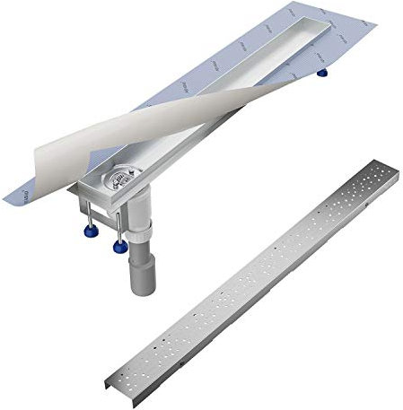 Aquabad Duschrinne SDS Pro 70 cm, gebürtseter Edelstahl inkl. Haarsieb, Abgang seitlich senkrecht, Blende REGEN, linearer Bodenablauf, Komplettset