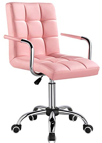 Yaheetech PU Leather Office Chair Adjustable Swivel Computer Chair with Back Support and Arms for Home Study or Office Work Pink