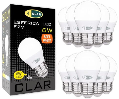 CLAR - Bombilla LED E27 Luz Cálida, Bajo Consumo, Pequeña, 40W Equivalente, G45, 6W (Pack 10)