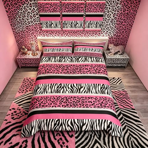 Loussiesd Zebra ränder påslakan leopard sängkläder set för barn pojkar flickor rosa svart vit zebra leopard päls täcke överdrag ultramjukt vilt djur hud textur sängöverkast enkel storlek