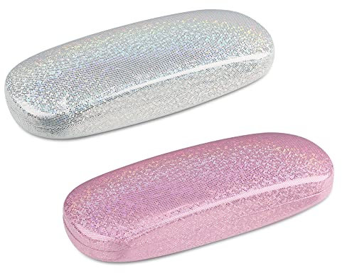 molshine 2 Stück Hartschalen Brillenetui mit Glitzer,tragbares Glitzer Brillenetui für Männer,Frauen,Männer,Mädchen,Reisen,Studium,Arbeit (Weiß & Rosa)