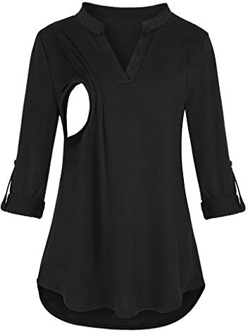 Mujer Top Camiseta Premamá Lactancia De Manga Larga Tops de Enfermería Camisas de Maternidad para Mujeres Ropa de Lactancia Materna (Negro, XXL)