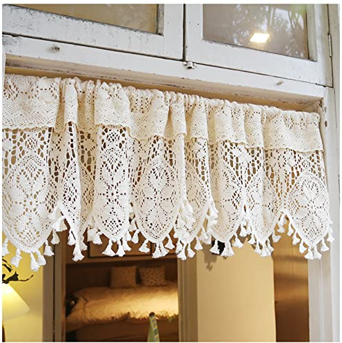 Scheibengardine Shabby-Chic-Quasten-Spitzen-Häkelgardinen-Volant für Fenster, Stangentasche, rustikale Bistrogardine für Café, Küche, Beige (Size : WxH 56x40cm/22x16in)