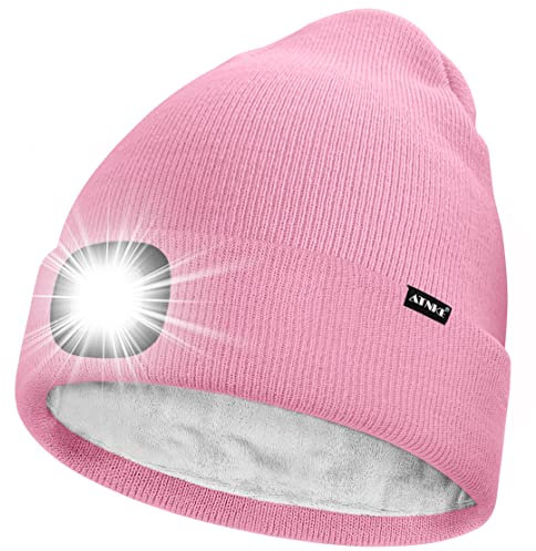 ATNKE LED Mütze mit Licht,Wiederaufladbare USB 4 LED Beleuchtete Laufmütze Extrem Heller Lampe Winter Warme Gefüttertes Fleece Stricken Mütze für Herren und Damen Geschenke/Pink