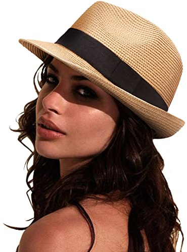 DRESHOW Women Straw Sun Hat Short Brim Panama Travel Fedora Summer Hat Roll Up Beach Cap for Women UPF 50+