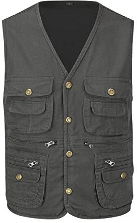 YOUTHUP Herr Multi Pocket Gilet utomhus fiskeväst bomull fotografi jakt safari väst användbarhet ärmlös jacka, Mörkgrön, XXL