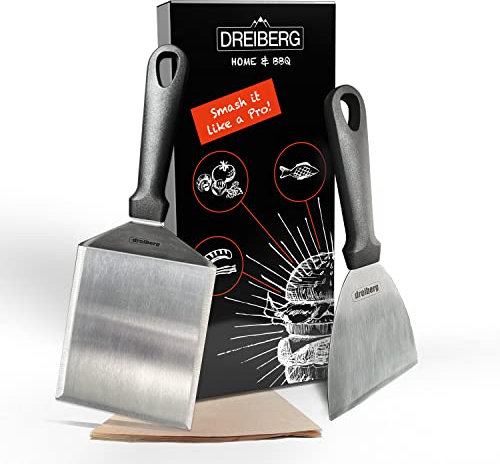DREIBERG® XXL Grillspachtel Set inkl. 20 Stk. Burgerpapier - Grill Pfannenwender für Smash Burger. Ideal als smashed burger presse. Für Plancha, Teppanyaki & Feuerplatte
