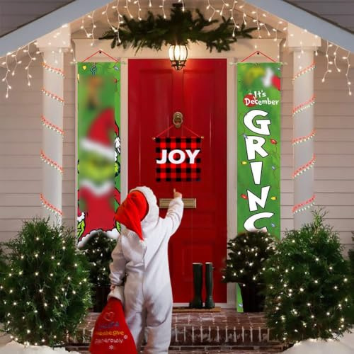 Merry Christmas Veranda-Schild, Grinch Weihnachtsdekoration, Weihnachtsbanner hängende Flagge, 30,5 x 183,9 cm Weihnachtsdekoration für Hof, Innen- und Außenbereich, Xmas Party Haustür Wand