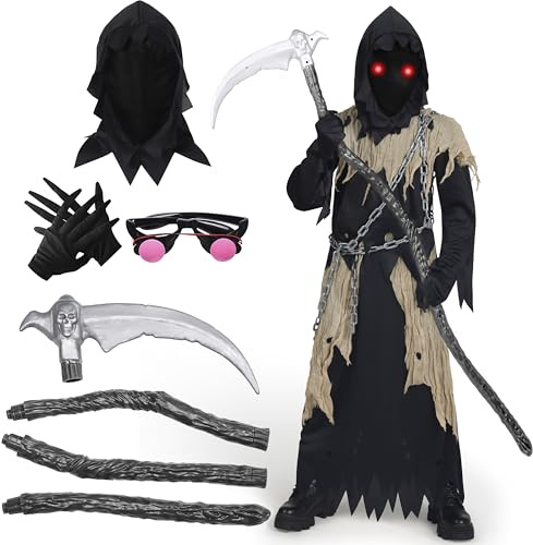 Spooktacular Creations Disfraz de Parca Infantil, Disfraz de Parca Ojos Brillantes para Niño, Espeluznante Parca Fantasma Negra