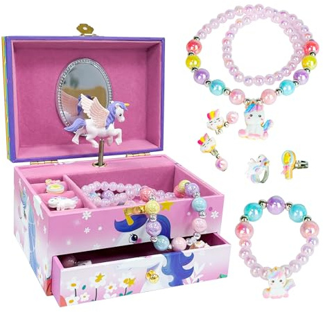 ADEL DREAM Boîte à bijoux musicale licorne Ensemble de 5 bijoux Petite fille Boîte à bijoux pour fille et femme Cadeau d'anniversaire licorne à deux couches rose