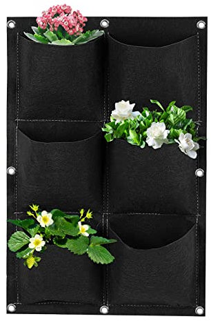 Wisebom Borse da Coltivazione Piante da Appendere, 6Tasche Borsa Fioriera Parete Giardino Verticale Traspirante, Sacchetti per Piante in Feltro per Fiori Fragole Decorazione (Nero)