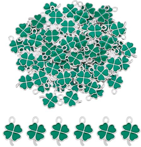 DICOSMETIC 70 Stück Emaille Kleeblatt Charms Legierung Vierblättriges Kleeblatt Anhänger Grüne Charme Glücksbringer Bohrung: 1,6mm