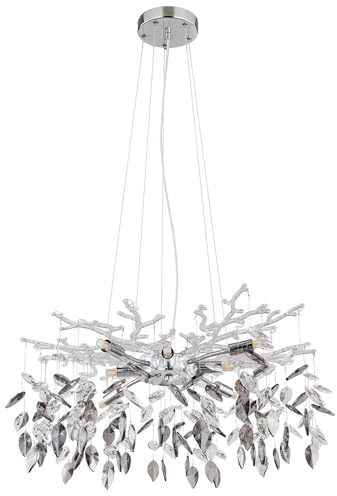 Pendelleuchte Hängelampe Kronleuchter Esszimmerlampe Wohnzimmerleuchte, Metall Chrom Glaskristalle rauchfarben, 8x G9, H 120 cm