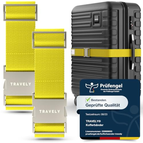TRAVELY Premium Koffergurt mit Metallschnalle [2er Set]- Besonders Edel & Auffällig - sehr robust I inklusive Namensschild - Passend für Handgepäck bis Übergröße, Kofferband Gurt, kofferband