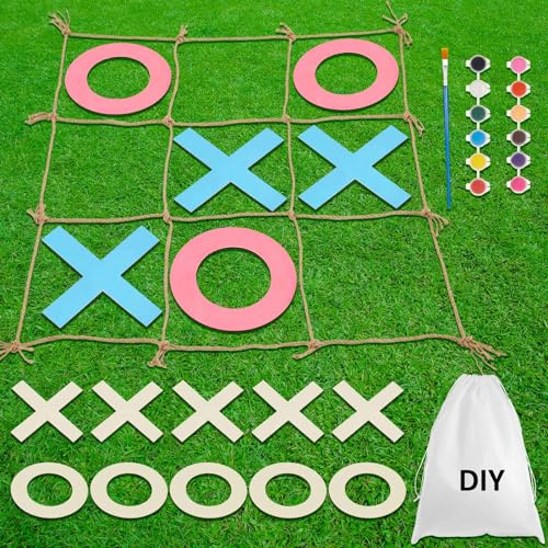 Harrycle Tic Tac Toe-Spiel für den Außenbereich, extra großes Holzspiel mit 12 DIY-Malfarben und 2 Pinseln, Ringwurf für Bingo-Partygeschenke