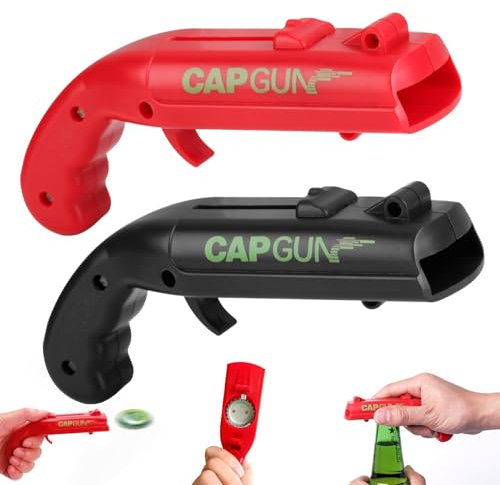 2 Pièces Ouvre-Bouteille pour Lanceur de Pistolet, Décapsuleurs à Capuchon ABS Ouvre-Boîte en Forme de Pistolet Décapsuleur pour Bouteille de Bière pour Jeu de Fête à Boire Maison Bar(Noir+Rouge)