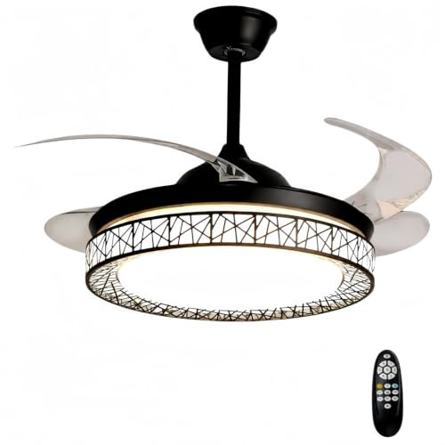 ONSSI Ventilador de Techo con Luz LED 107cm,4 Aspas Retráctiles,Motor DC Silencioso,6 Velocidades,Brillo Regulable y 3 Temperaturas de Color (3000K/4500K/6000K),Control Remoto con Temporizador,(Negro)