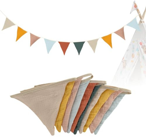 Wimpelkette Kinderzimmer,2.6M Wimpelkette Stoff Musselin,Mädchen & Jungen für Kinderzimmer Deko,Musselinstoff Girlande für Hausbett, Party, Geburtstag, Hochzeit (Gemischte Farben)