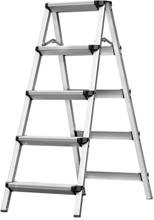 Miscoos Scaletta 5 Gradini Pieghevole in Alluminio, Piccola Scala Domestica a Doppio Accesso, Antiscivolo e Stabile, Capacità Max 150 kg, Facile da Riporre