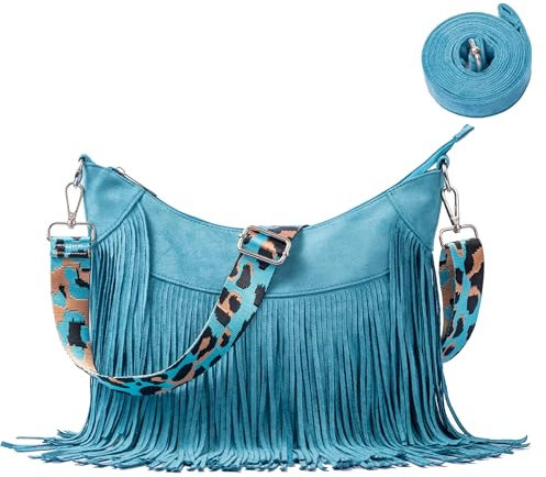 Modacarry Damen-Hobo-Tasche aus Wildlederimitat mit Fransen und langen Trägern mit Leopardenmuster, Blau