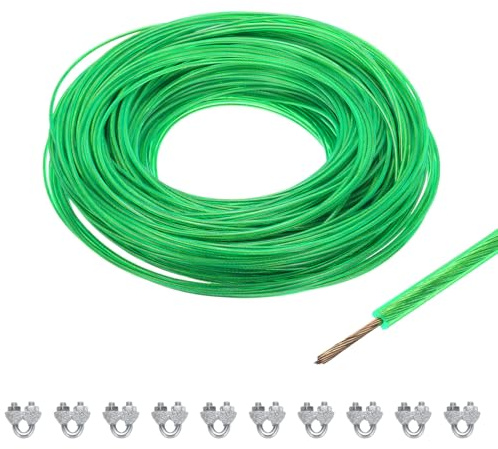QUARKZMAN Cable de Acero Galvanizado Recubierto de Vinilo Verde de 2.5 mm (3/32) 100M / 328 Pies de Cable de Acero Galvanizado con 10Pcs de Manguitos de Bucle M3 para Colgar Luces