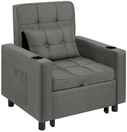 WOLTU Schlafsessel, Sessel mit Schlaffunktion, Gästebett 3 in 1 mit 2 Kissen, mit Schlaffunktion Liegefunktion, mit Getränkehaltern Seitentaschen Leinenbezug, Dunkelgrau