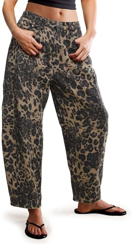 EZAPINE Jeans de leopardo para mujer, estilo casual, pierna ancha, holgados, estilo Boyfriend de tiro medio, pantalones tobilleros