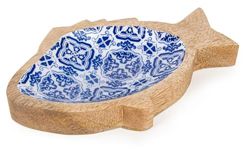 Logbuch-Verlag Ciotola decorativa a forma di pesce, in legno, blu e bianco, design marittimo, 18 x 11 x 2,5 cm