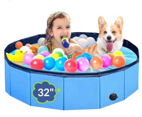 Dog Pool, Foldable Pet Swimming Pool with 6mm High-Strength PP Board, Hard Plastic Collapsible Doggy Pools for Small Dogs Kitty Duck,Non-Slip Doggie Bathtub Quick to Set Up and Drainage Hole(32x8in)