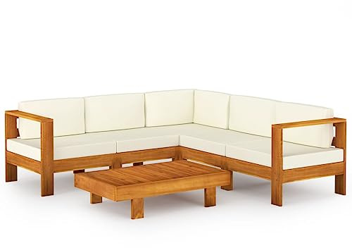 Willood Gartenmöbel 6 TLG. Garten Lounge Set mit Creme Auflagen Massivholz Akazie 4X Mittelteil + Eckteil + Tisch