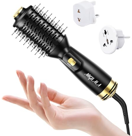 ANGILALA Dual Voltage(100~250V) Mini Hair Dryer Brush with European Plug Adapter for International Travel, Europe Travel Essentials for Women