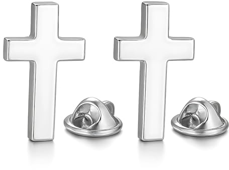 Set mit zwei Anstecknadeln, christliches Kreuz, silberfarben | Lasergravur auf der Rückseite | katholische Jesus-Pins 3D Farbe Silber | Anstecknadel religiöses katholisches Pin | Brosche für Damen und