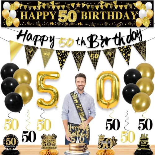 50th Birthday Decorations for Men, Black Gold 50th Party Decorations | 27pcs Happy 50th Birthday Set: Banner, Honeycomb Table, Hanging Swirl, Balloon, Cake Topper, 50 Years Old Bday Decorations