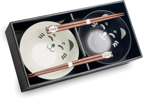 Yoaxia [ KATZEN SCHWARZ & WEIß] Schalen Set 2x Suppenschale/Reisschale Ø 15cm | H 7cm + 2 Paar Essstäbchen - aus Japan