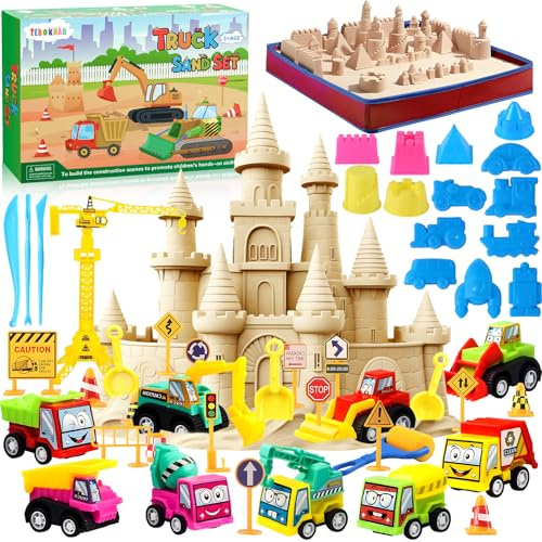 TEBOKHAD Sable Magique Enfant 2 Sacs, Véhicule Jouet, Avec Bac a Sable Enfant Exterieur Rabattable, Tracteur Jouet, Camion Jouet pour 3+ Ans Garçon Fille Cadeau