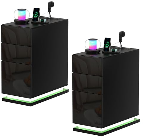 Lvhcmfohm 2er Set Nachttisch Schmal mit Steckdose, B30 x T50 x H63 Nachtschrank mit Led und 3 Schubladen, Nachtkästchen, Nachtkommode Beistelltisch mit USB und 16 Farben Beleuchtung, Schwarz