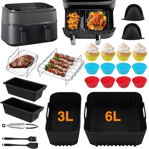 28 stycken luftfryer tillbehör, varmluftsfritös tillbehörsset för Philips Dual Basket Airfryer 3000/5000-serien (6L/3L), Dual Easy 5,2 l/3,1 l, varmluftsfritös silikonformar, grillgaller | Dual Basket Airfryer 3000/5000-serien (6L/3L), Dual Easy 5,2L/3,1L, varmluftsfritös silikonformar, grillgaller, bakform, kök