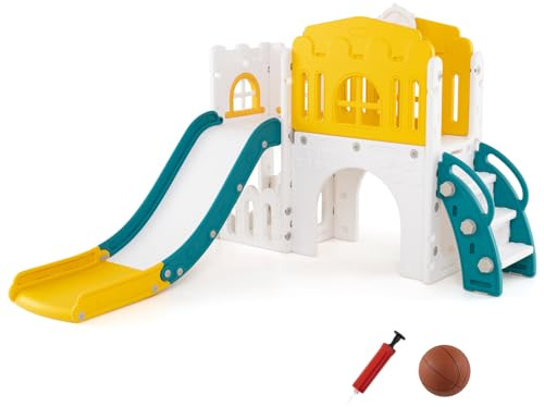 GOPLUS 9 en 1 Toboggan Enfant Bebe HDPE avec Panier de Basket-Ball, Allée, Tunnel et Espace de Stockage, Aire de Jeux Maison Cabane Interieur Exterieur Enfants 1+ Ans,Charge 30KG (Jaune)