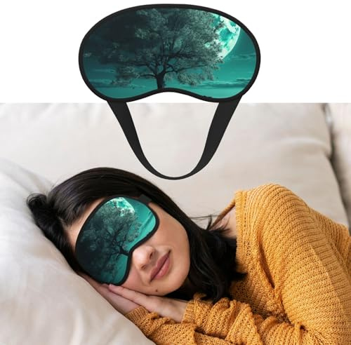 Augenmaske zum Schlafen, atmungsaktiv, lichtblockierend, Schlafmaske, blaugrün, Baum im Mondlicht, Nacht, Augenbinde, weich, bequem, Nacht-Augenschutz, für Damen und Herren, Augenabdeckung für