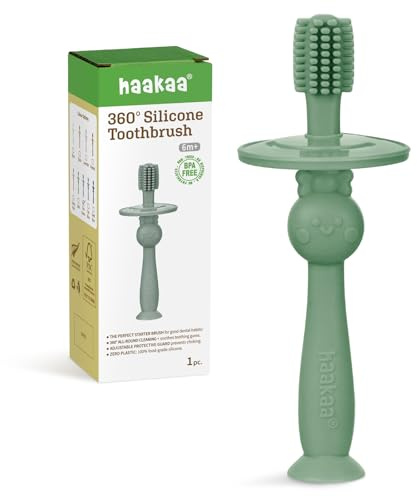 haakaa 360° babytandborste med sugbas – skonsam rengöring för småbarn självborstande träning, silikon av livsmedelskvalitet, justerbart säkerhetsskydd – jade (1 st)