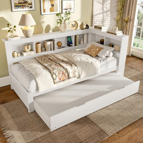Gxffipw Tagesbett Einzelbetten 90x200 cm mit USB-Anschlüssen, Schlafsofa mit Ausziehbett 90x190 cm und Stauraum, Jugendbett Holzbett Bettgestell mit Lattenrost, Weiß, Ohne Matratze