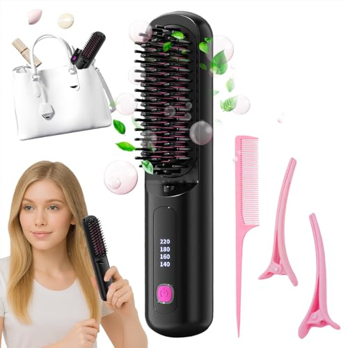 Numoya Go Brush Pro Cordless Portable Straightener, Hair Gobrush Pro Rechargeable Straightener Hot Comb Fast Heating for Travel and Everyday Use(Black)